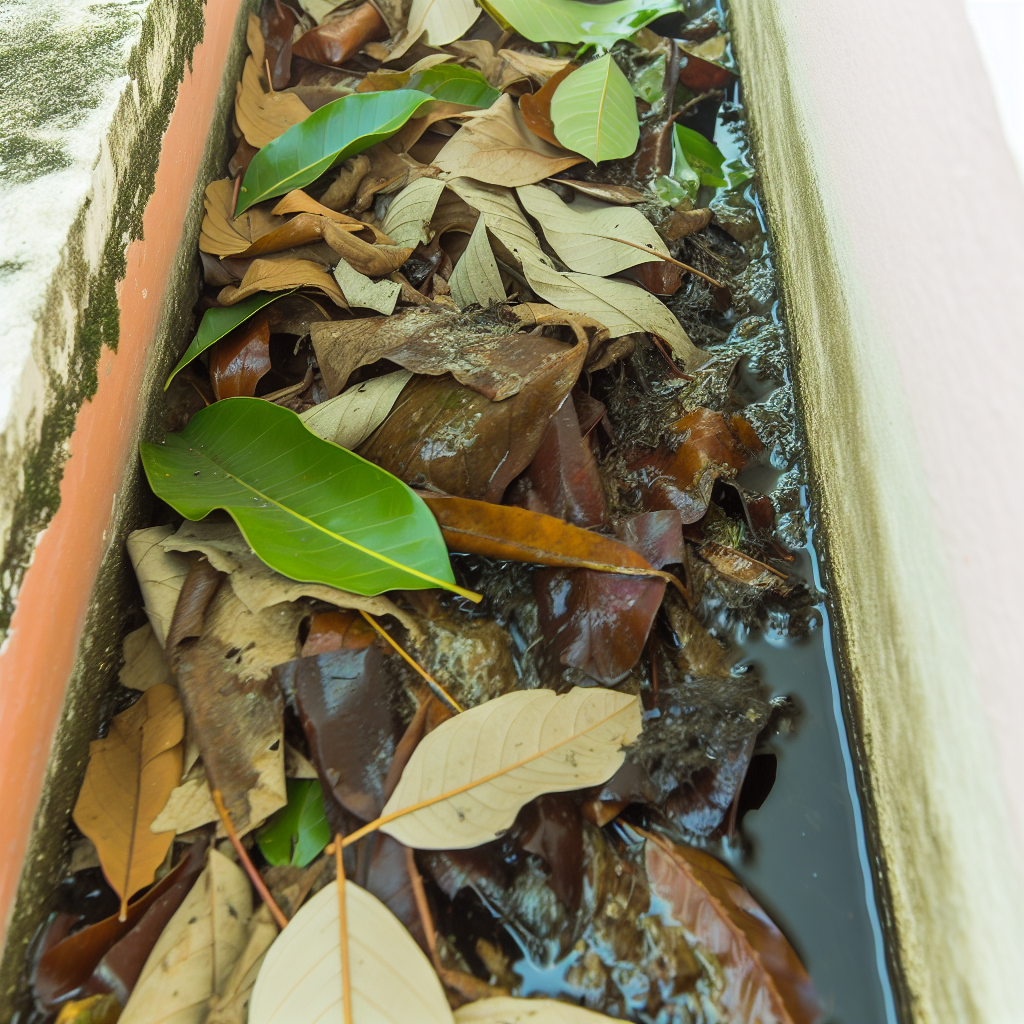 A close-up image of a clogged gutter with leaves a