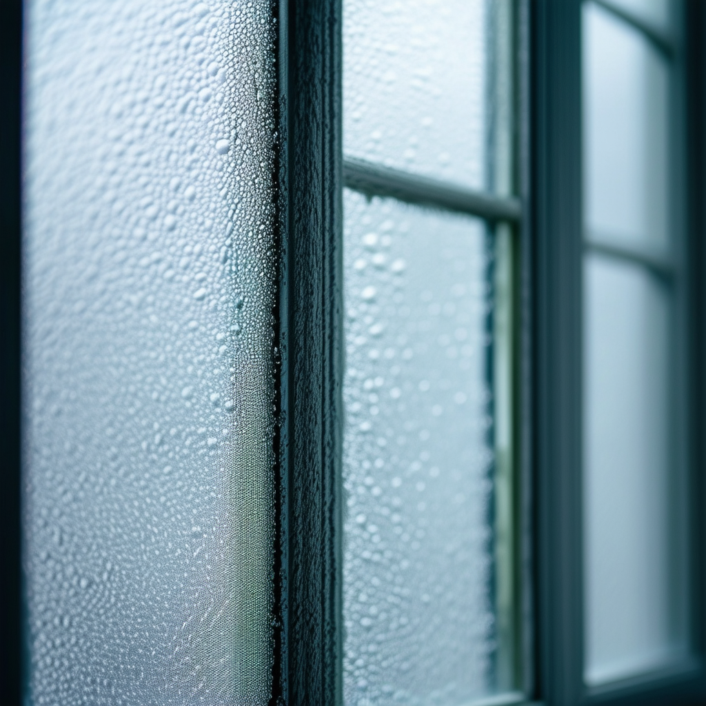 A close-up image of a foggy window with condensati