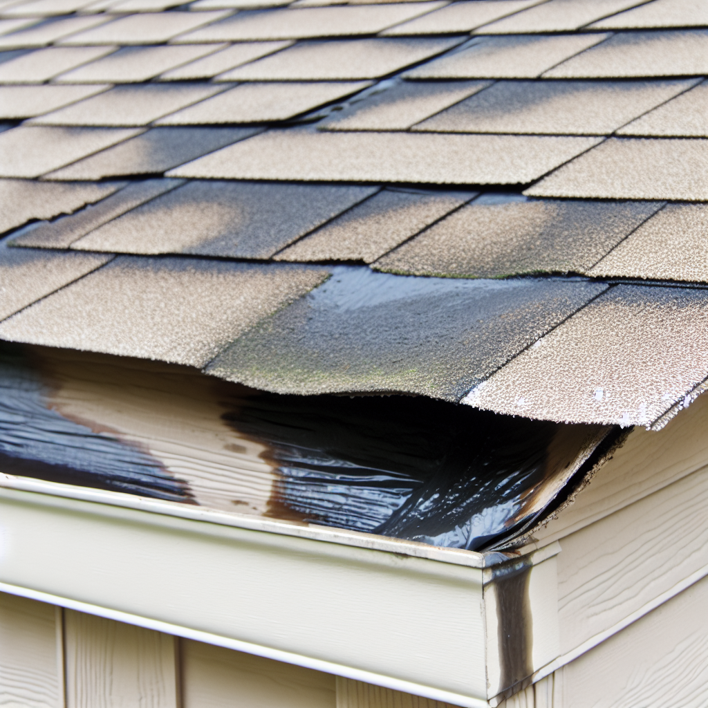 A close-up of a roof with visible water damage and