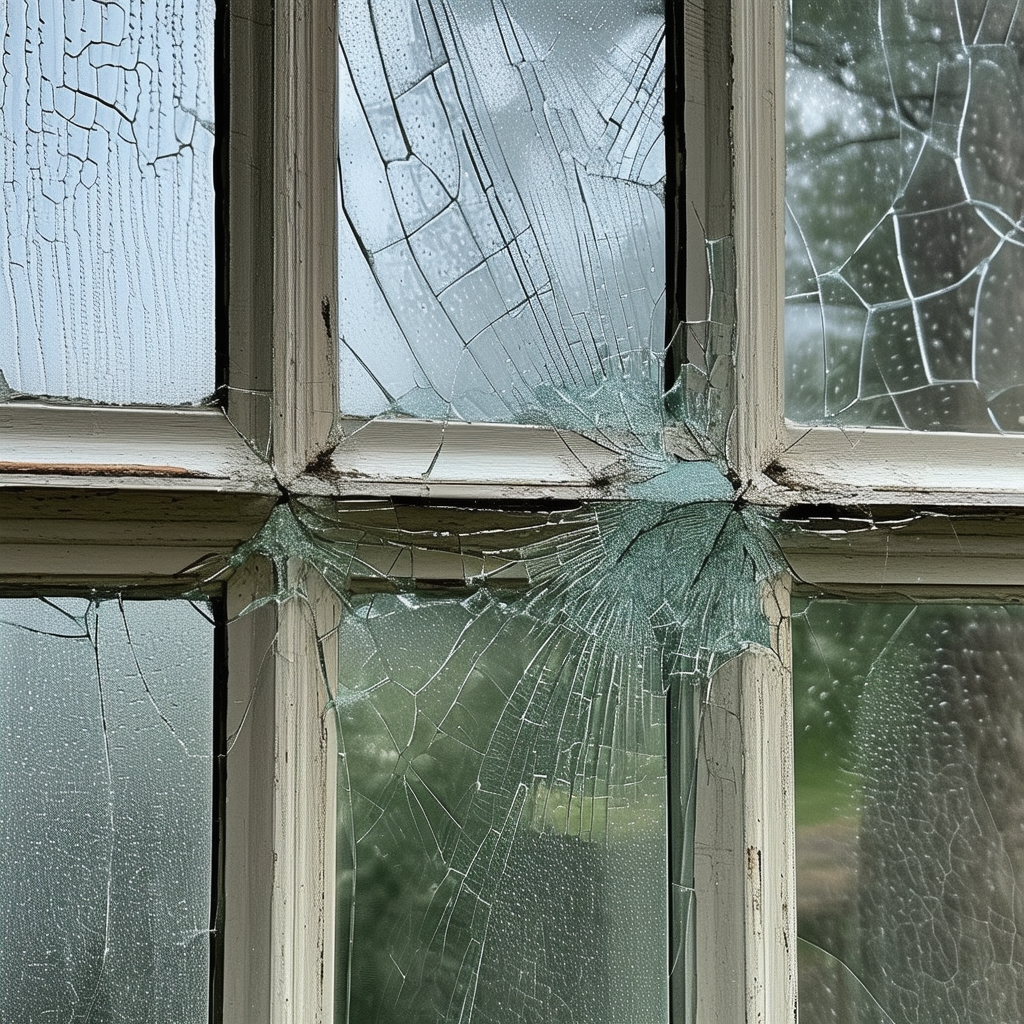 A close-up of an old, cracked window with condensa