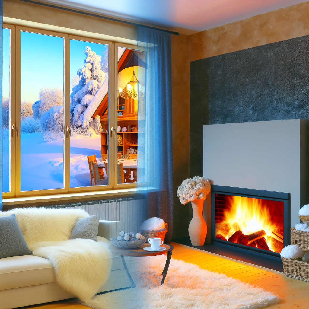 A cozy living room with snow visible through seale