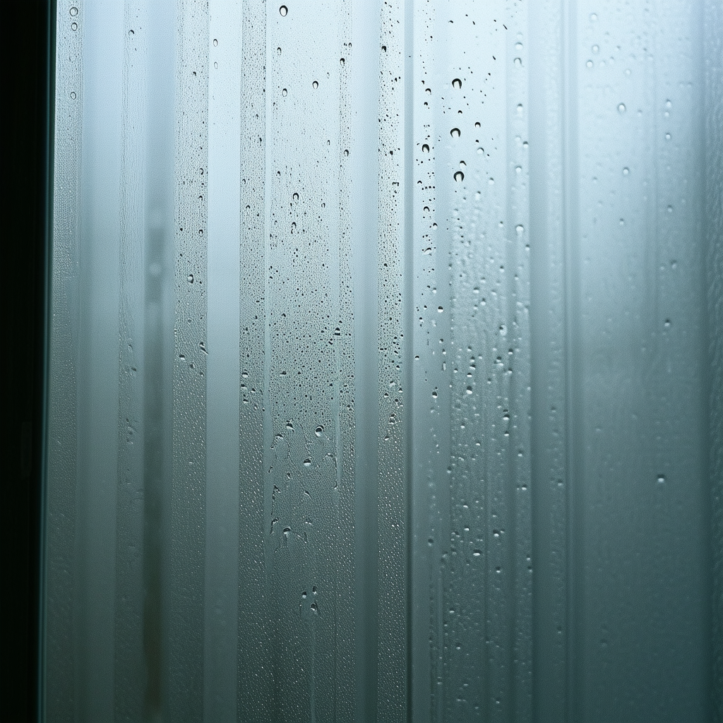 A foggy window with visible condensation droplets,