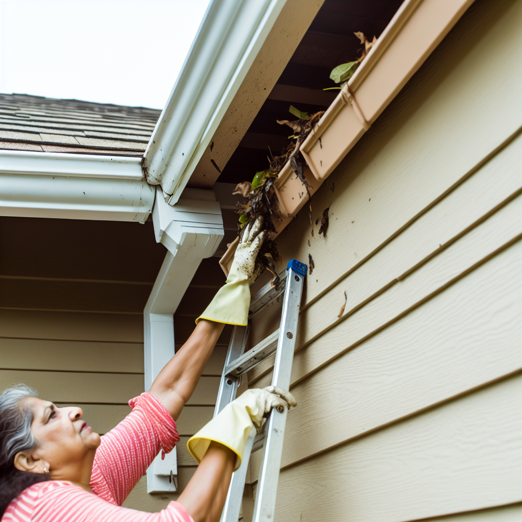 A homeowner precariously climbing a ladder to clea