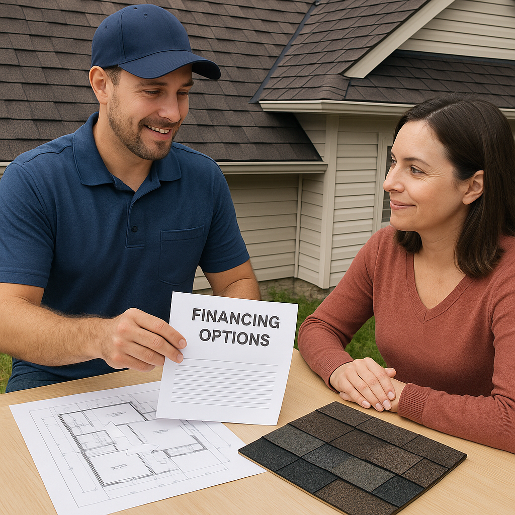 A professional roofing contractor discussing finan