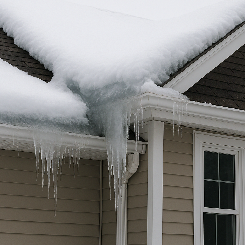 A residential home roof covered in heavy snow with