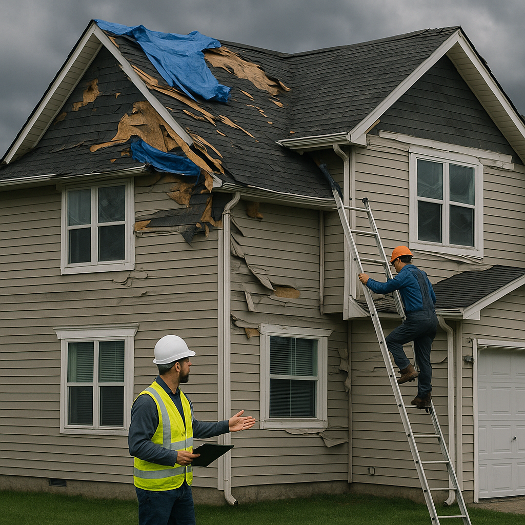 A storm-damaged residential home with roofing and