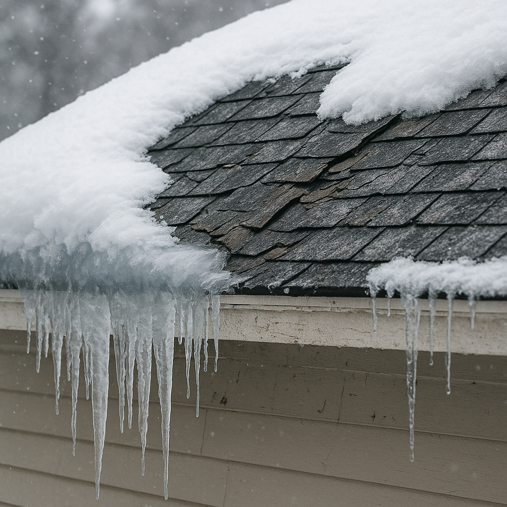 Close-up view of a residential roof showing ice da