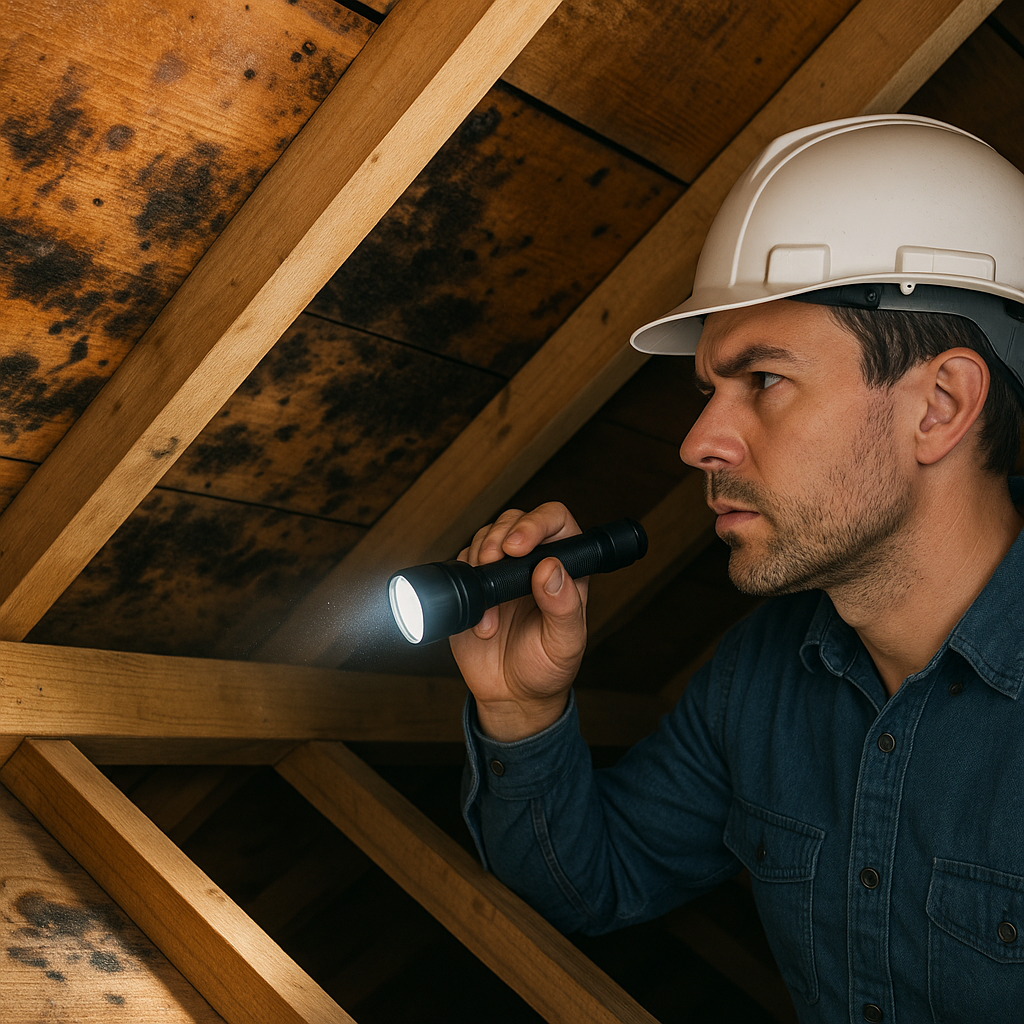 Close-up view of attic rafters and roof decking sh