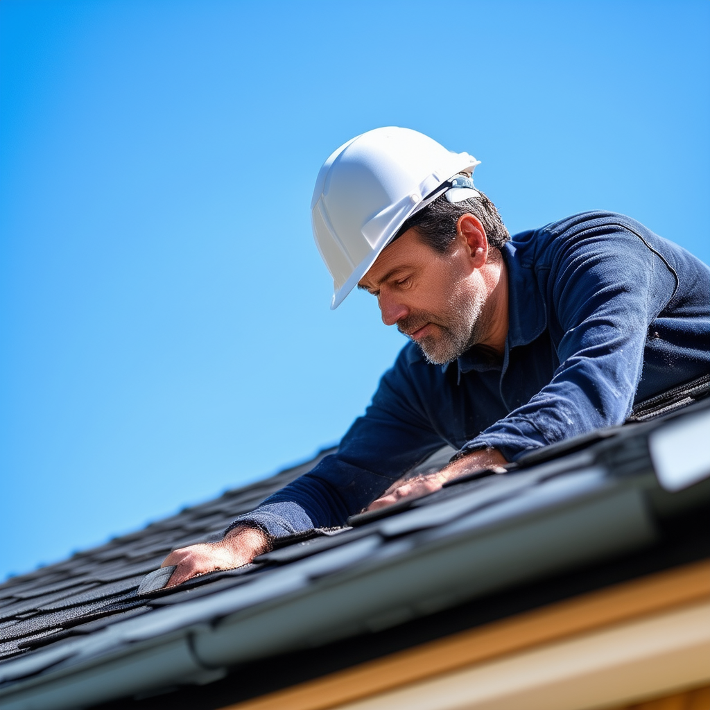 Homeowner inspecting a well-maintained roof under 